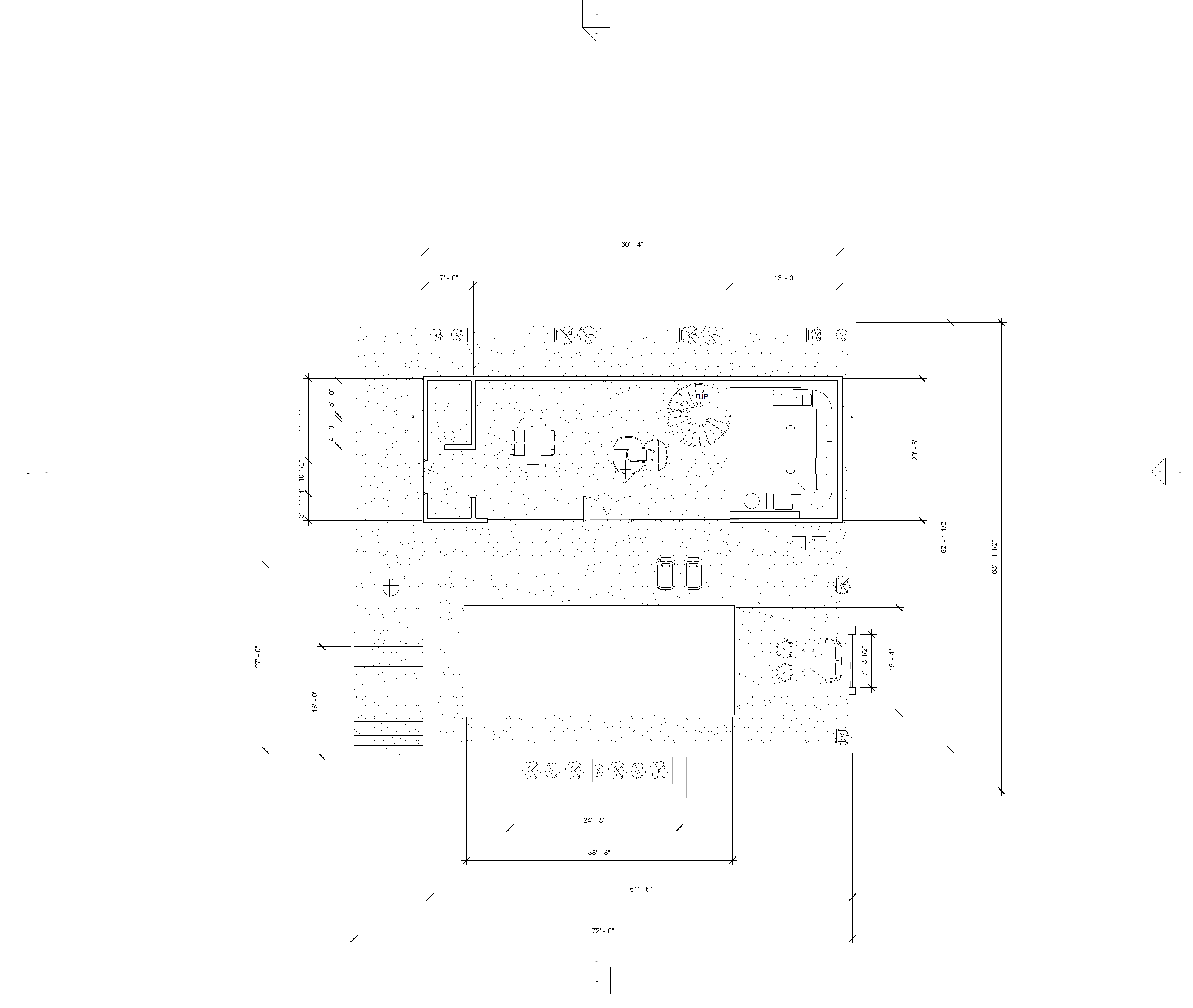 Level 1 floor plan — collaborative lounge, double-height studio, spiral stair, kitchenette, pool terrace