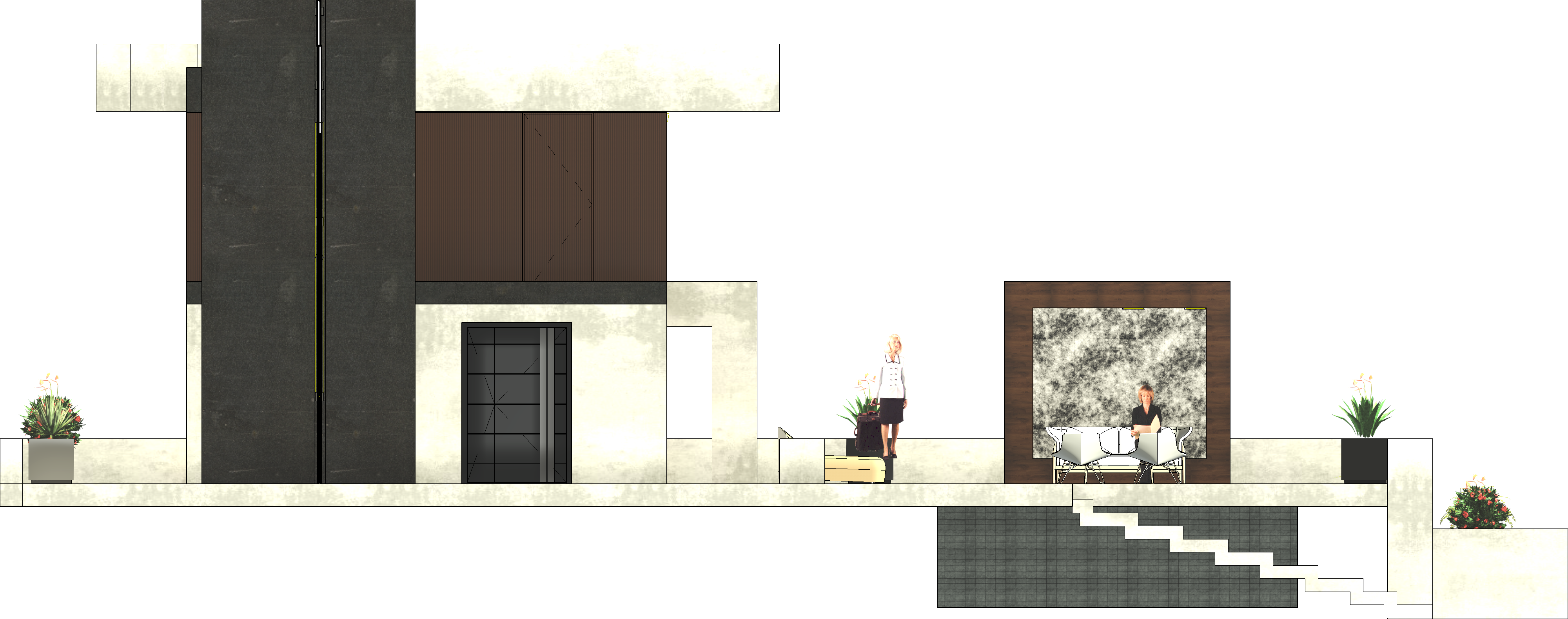 Front elevation rendering showing concrete, dark metal cladding, warm wood panels, stone feature wall, and entry staircase