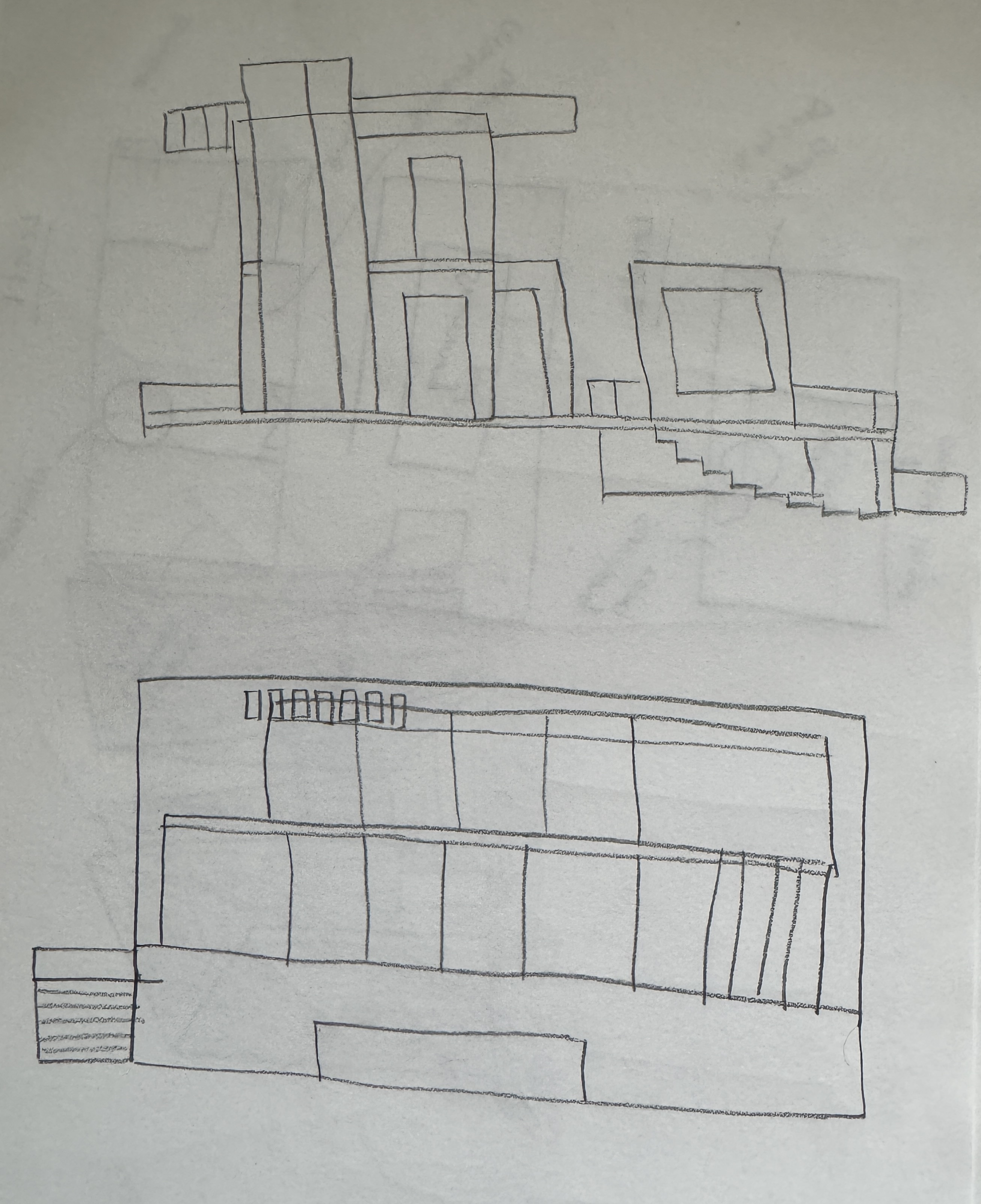 Hand-drawn elevation sketches exploring massing, fa&ccedil;ade proportions, and building form