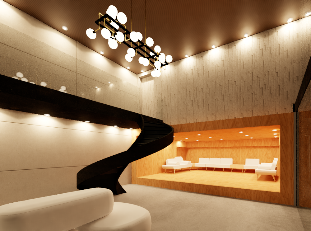 Night interior view of the double-height studio — spiral staircase, chandelier, warm timber lounge niche with seating, and textured wall panels