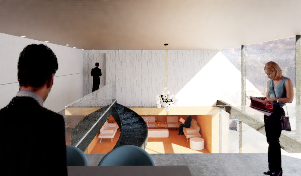 View from the Screening Room on Level 2 — looking down into the double-height studio with stair, warm lounge niche, and canyon light