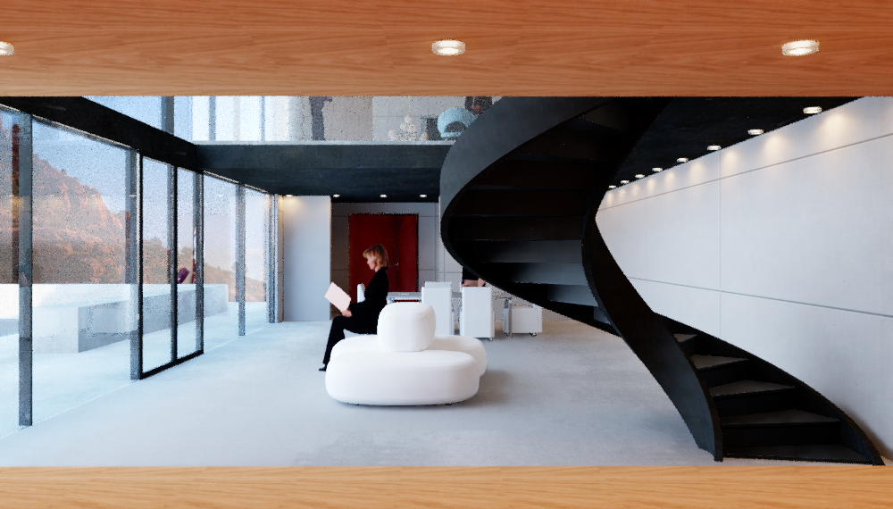 Interior view of the double-height studio — black spiral staircase, warm timber niche, full-height glazing with canyon views, and modern furnishings