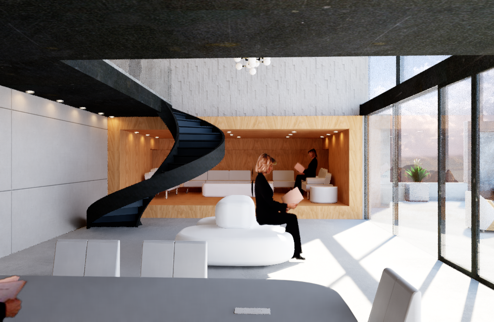 Interior view showing spiral staircase, collaborative seating area, warm wood wall niche, and canyon landscape visible through floor-to-ceiling glass