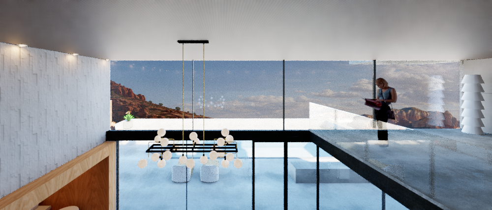 Upper-level mezzanine overlook — Director's Studio and Screening Room with views down to Level 1 and out to red-rock canyon