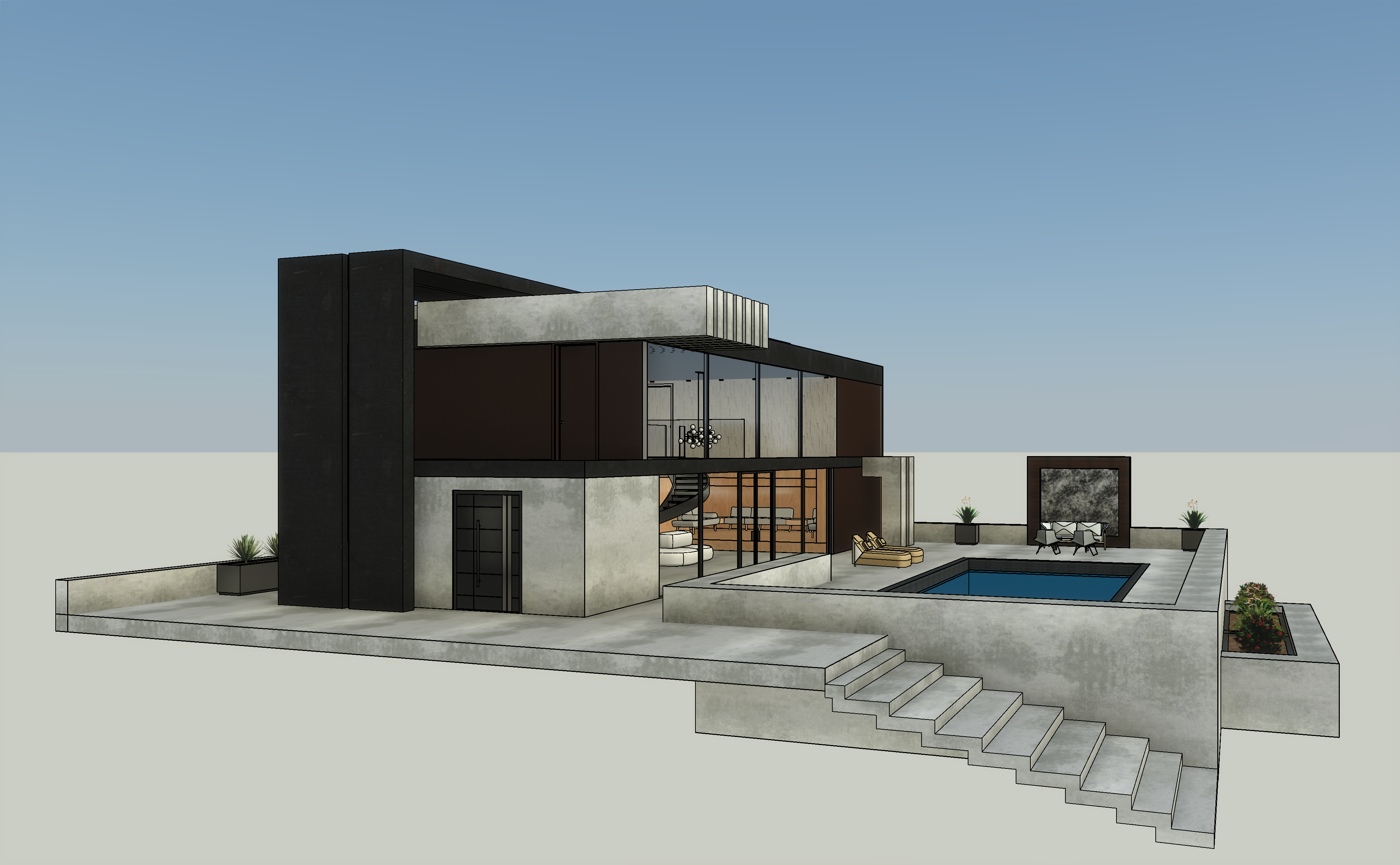 3D perspective of Cameron's Canyon Studio showing two-level building with pool terrace, spiral staircase visible through full-height glazing