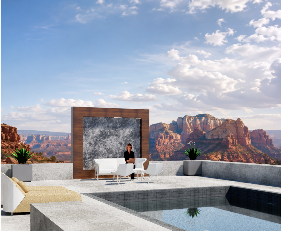 Outdoor lounge with stone feature wall, seating area, and pool — Sedona red-rock canyon panorama beyond