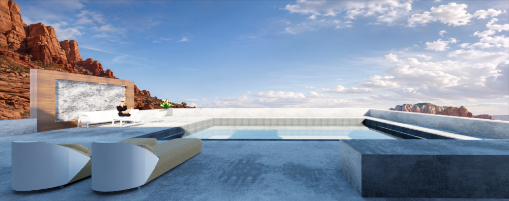 Panoramic view from the pool terrace — lounge seating, water feature, and expansive canyon horizon