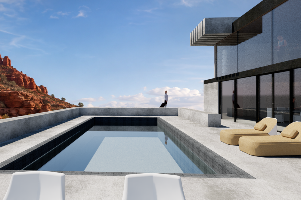 Pool terrace with red-rock canyon visible beyond — water as foreground, canyon as the larger world