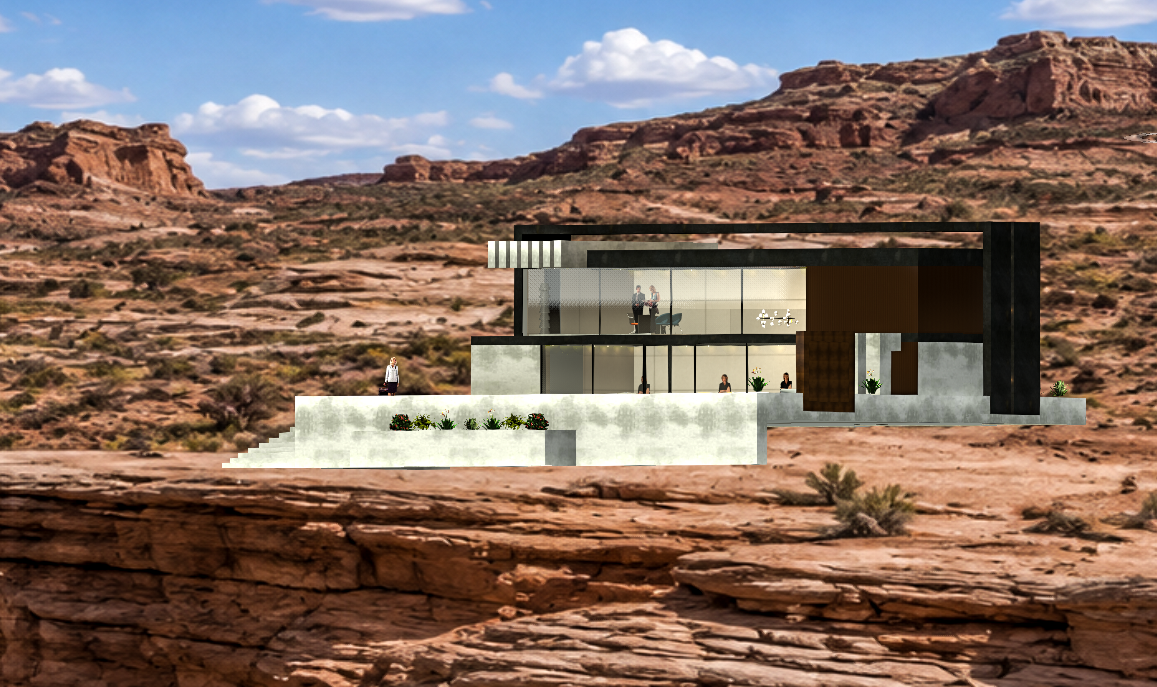 Building section composited into Sedona canyon landscape — showing double-height studio, mezzanine level, and relationship to terrain