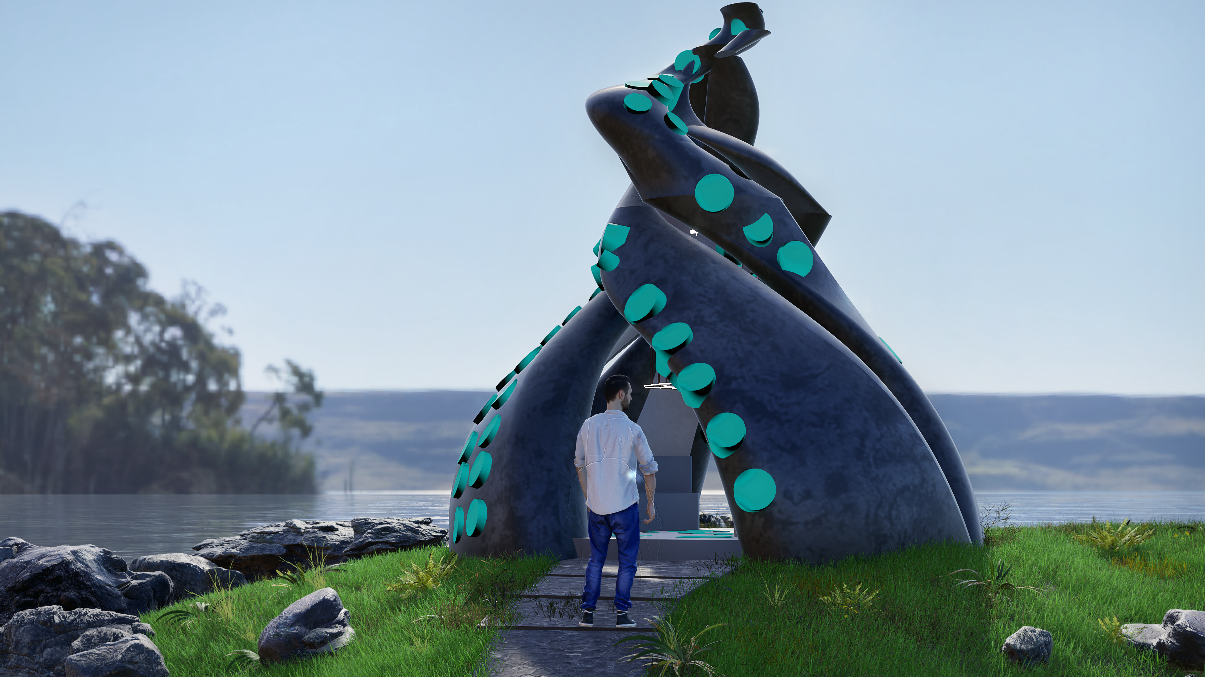 Approach to Tentacle Folly — person walking along stone path toward the sculptural structure on a sunny day
