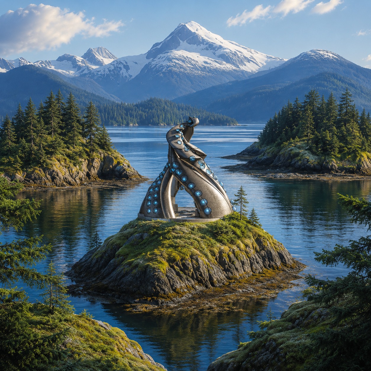 Tentacle Folly on its island in the San Juan Islands — four sculptural ribs with bioluminescent niches