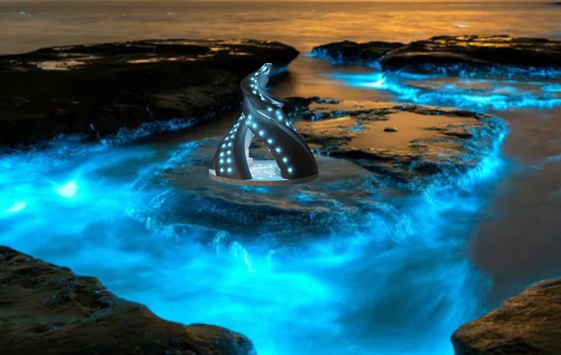 Tentacle Folly at night surrounded by bioluminescent water — glowing blue waves and illuminated niches