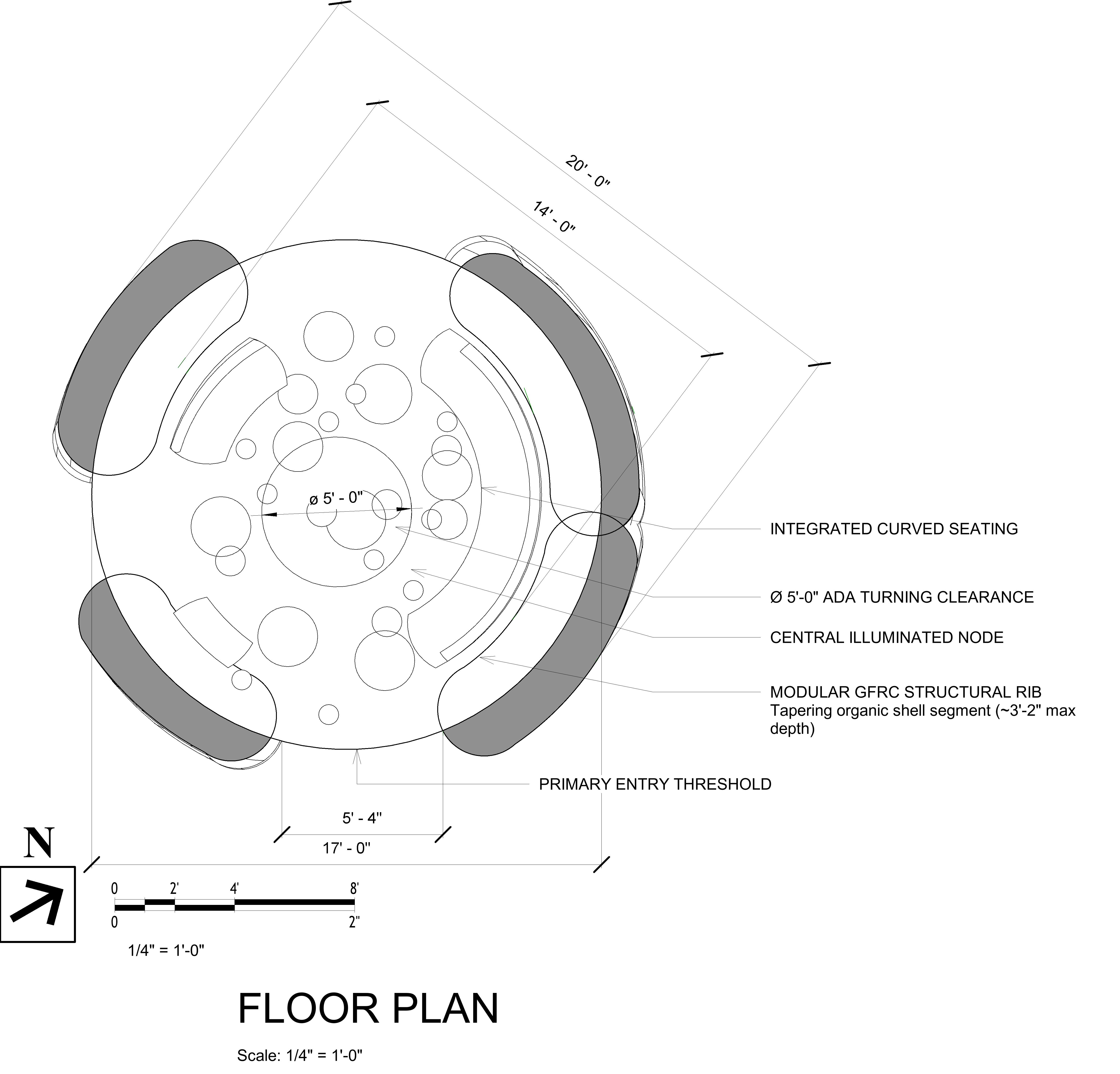 Floor plan at 1/4 inch = 1 foot scale — circular chamber with integrated curved seating, central illuminated node, ADA clearance, and four GFRC structural ribs