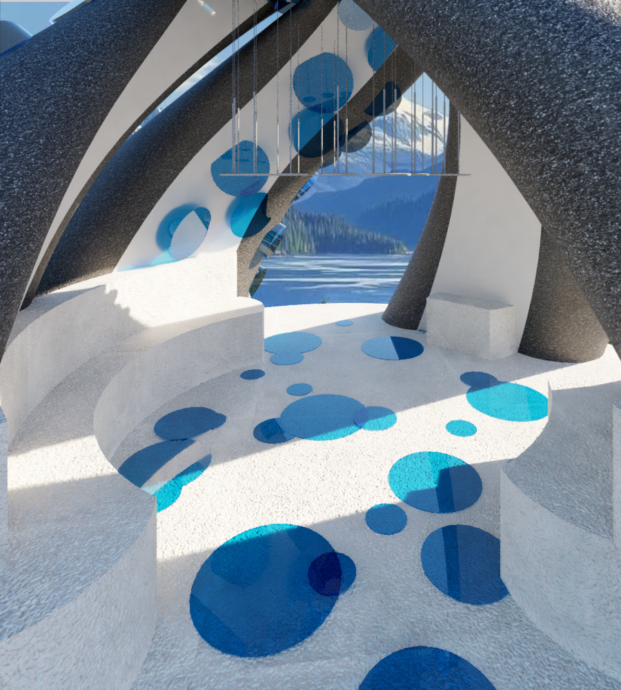 Interior of the Tentacle Folly — bioluminescent blue floor circles, curved seating, mountain view through opening
