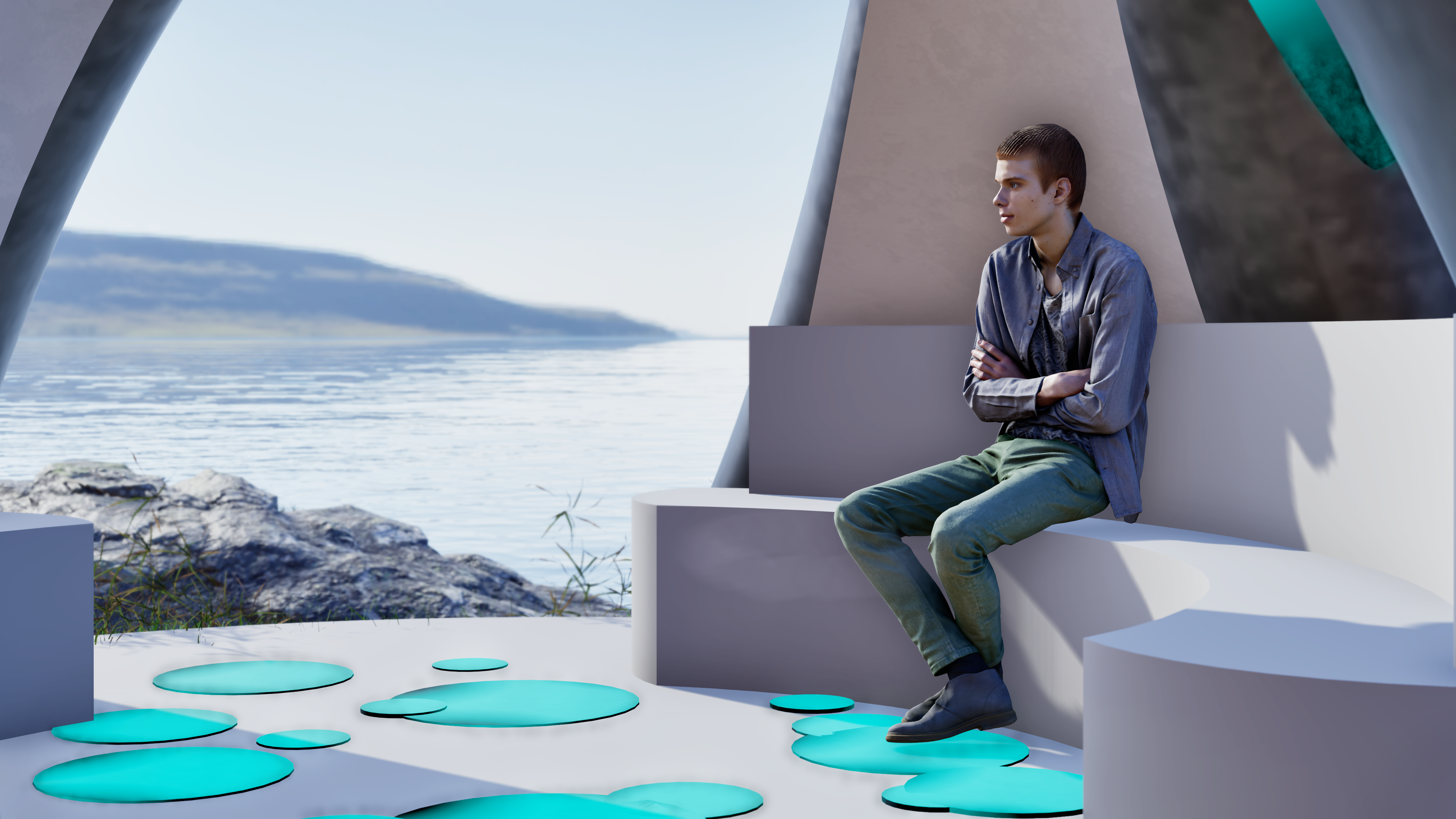 Interior day view — Pause + Framed View: person seated on curved bench looking out toward the ocean through the rib openings, bioluminescent floor inlays visible