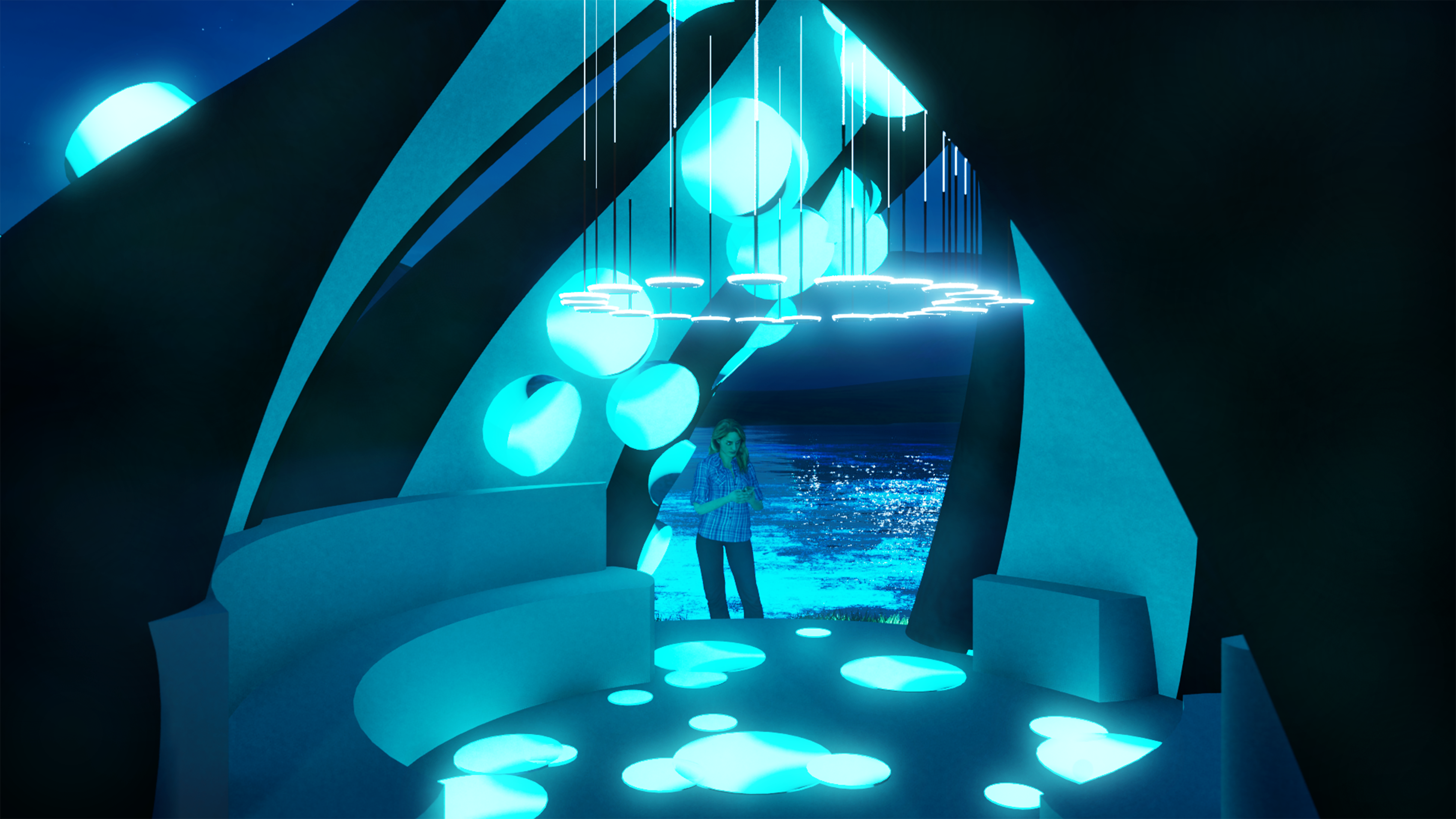 Interior at night — full bioluminescent chamber view with glowing pendant cluster, curved bench, cyan niches, reflective floor, and person silhouetted against the sea opening