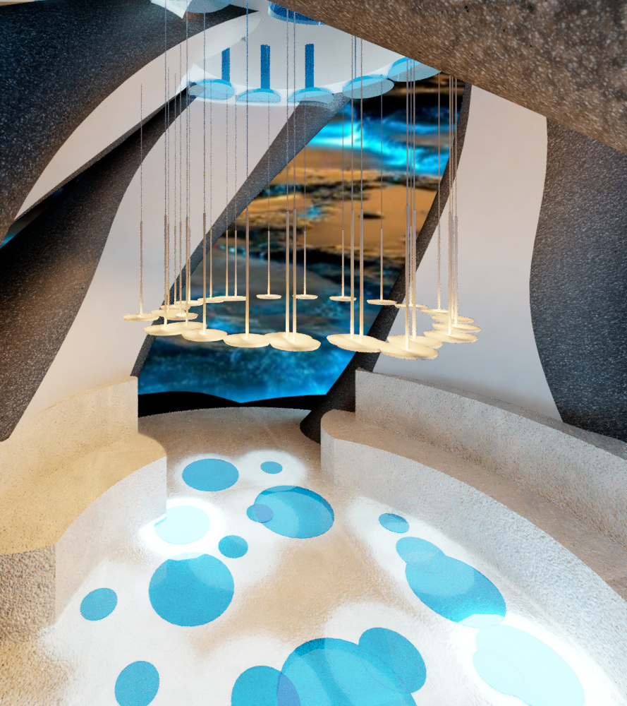 Interior at night — pendant lights suspended from oculus, bioluminescent water visible through opening