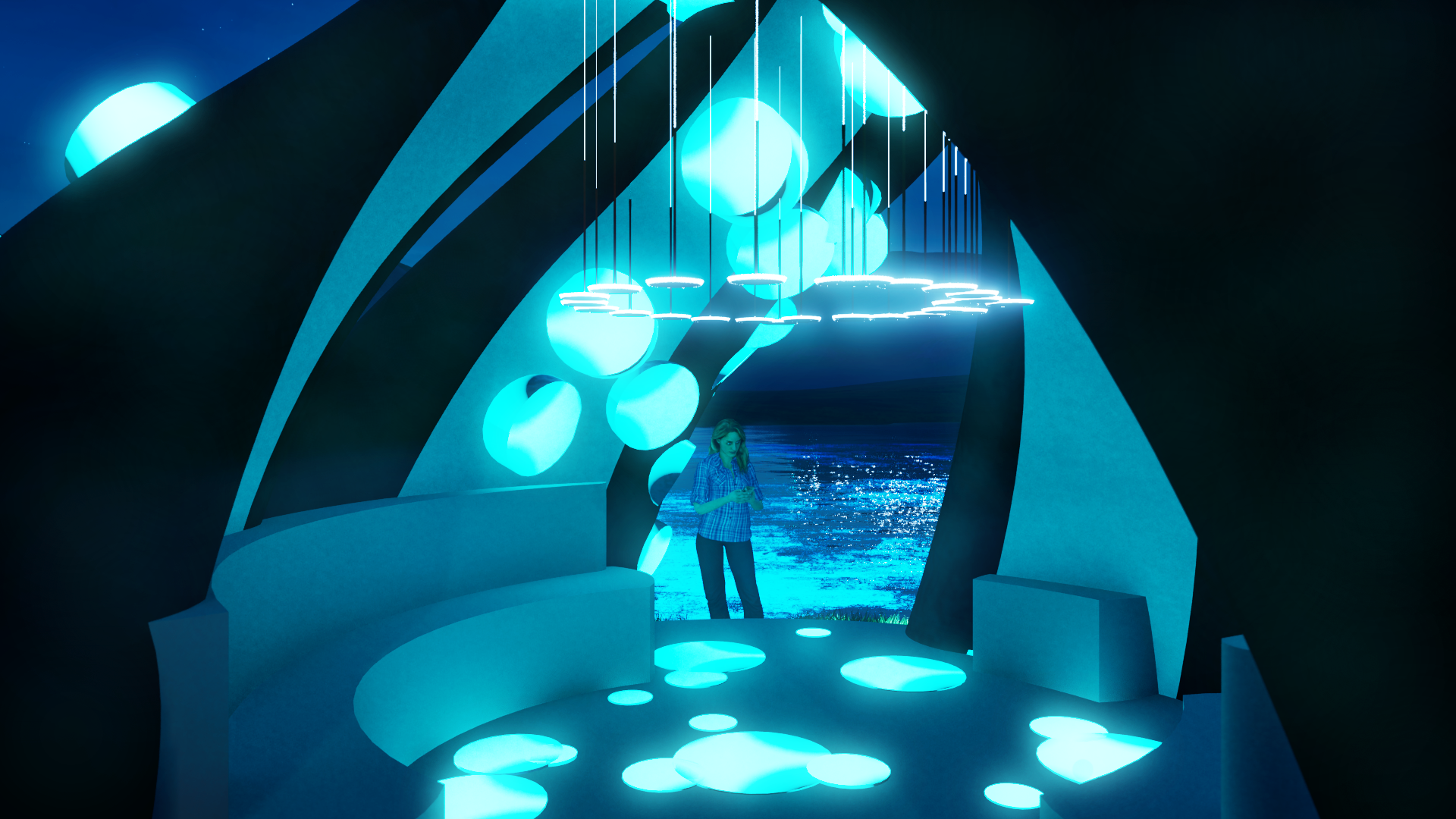 Interior night view — Bioluminescent Sea-Chamber: person standing in the glowing chamber with suspended pendant lights, cyan floor inlays, and blue cast glass niches