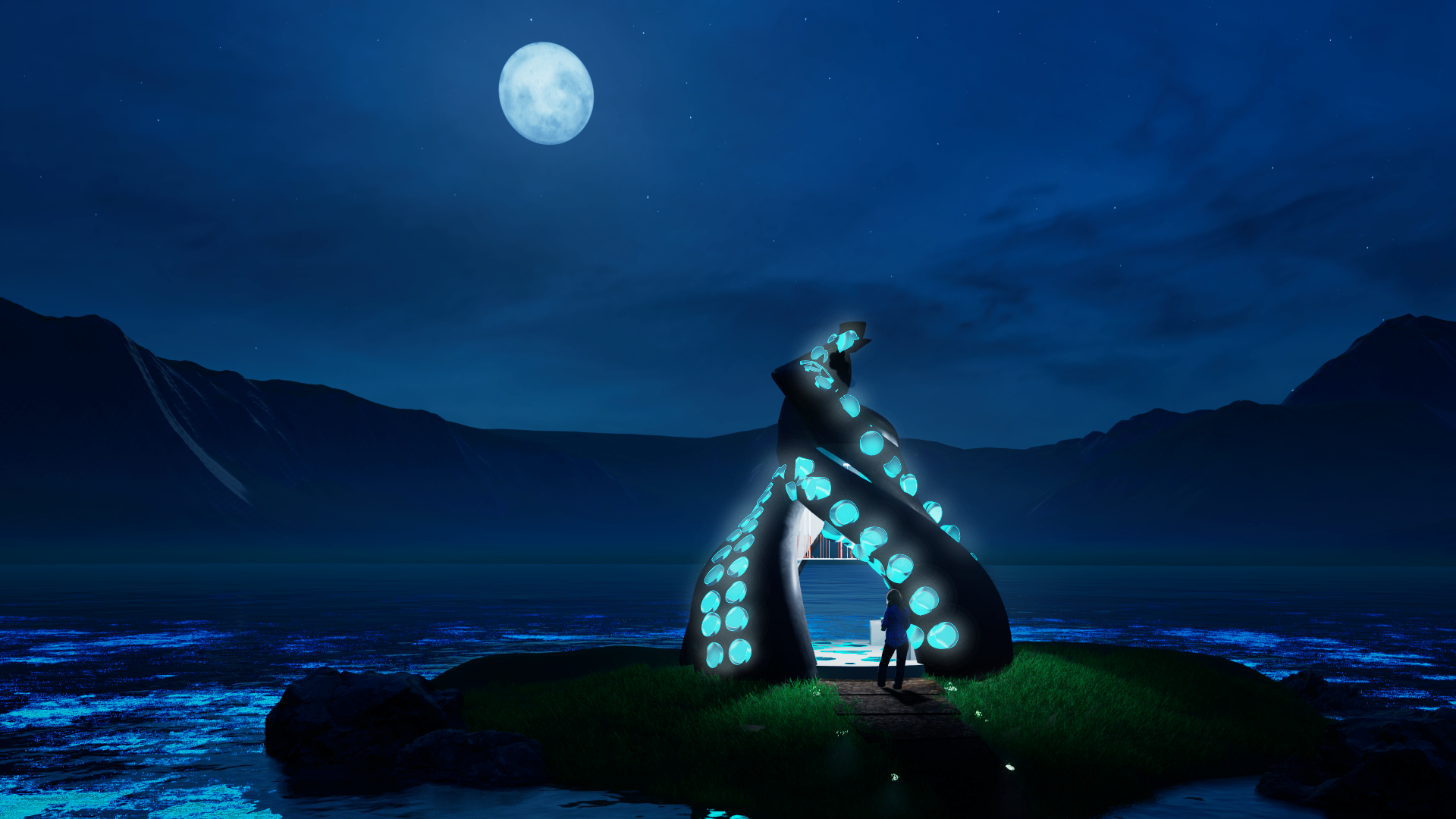Tentacle Folly at night — luminous threshold with bioluminescent water and glowing niches