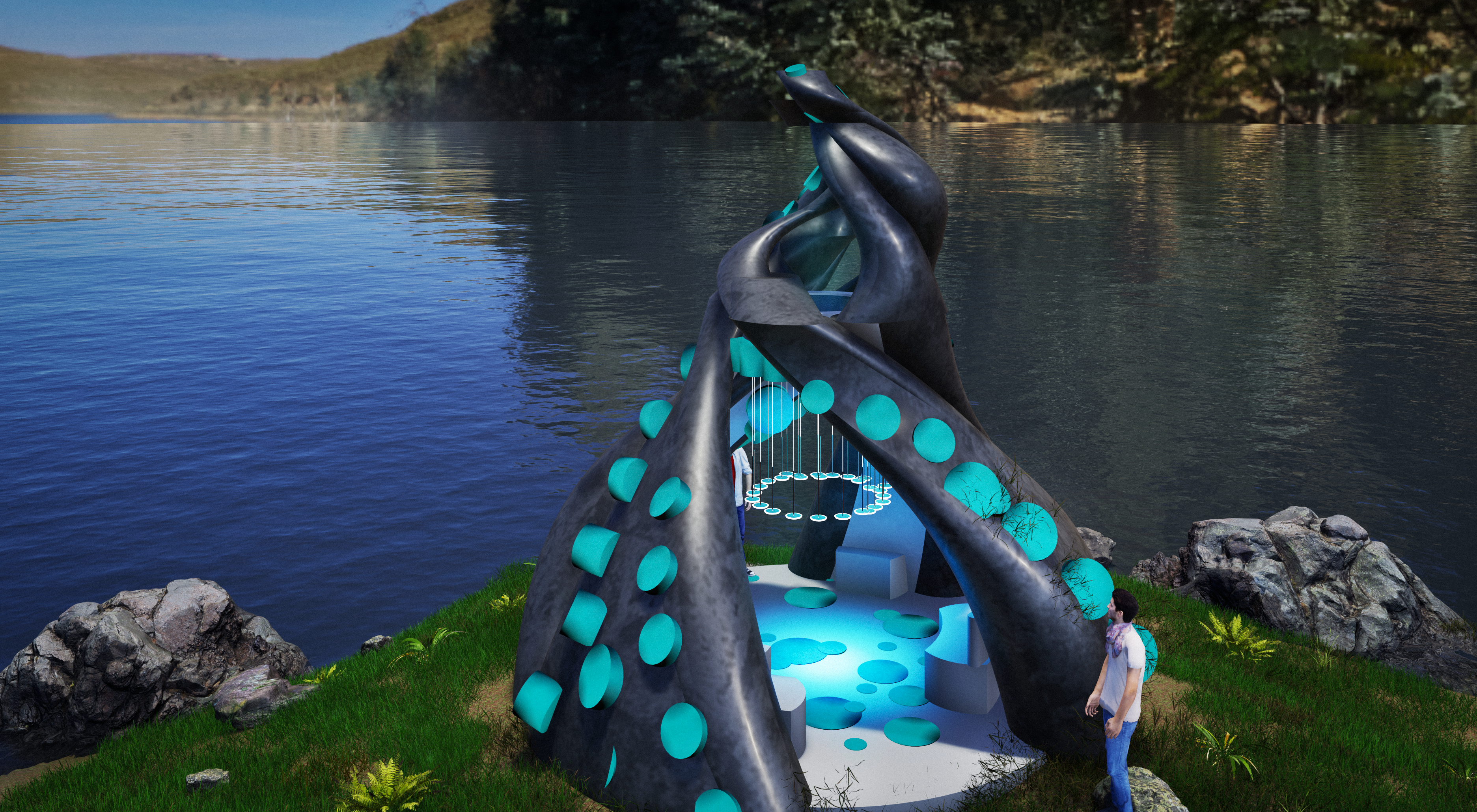 Spatial overview of Tentacle Folly — full structure visible with four ribs, oculus crown, pendant cluster, and person for scale