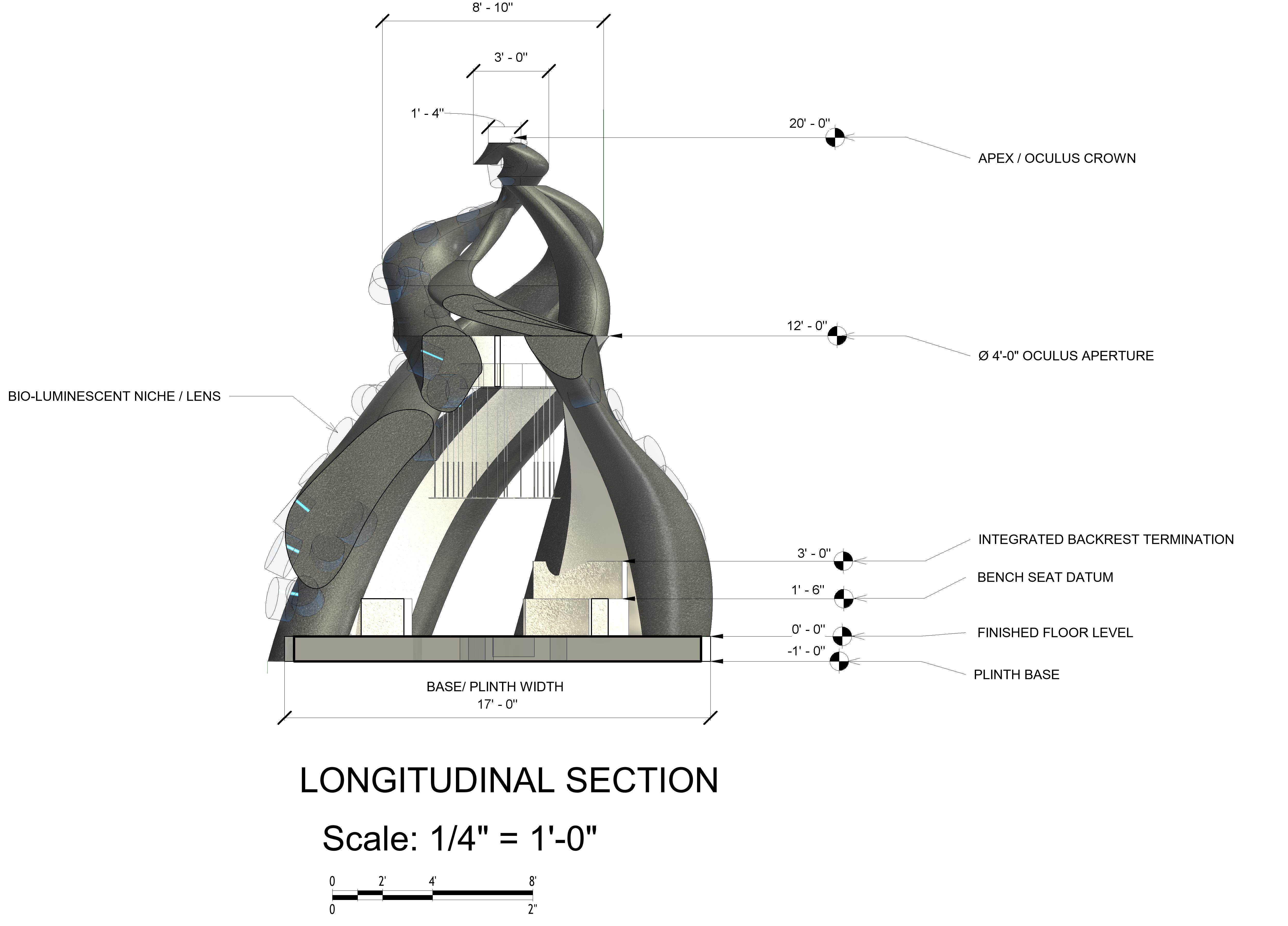 Longitudinal section showing 20 foot height to apex, 12 foot datum to oculus, bench seat at 1 foot 6 inches, bio-luminescent niches, and plinth base
