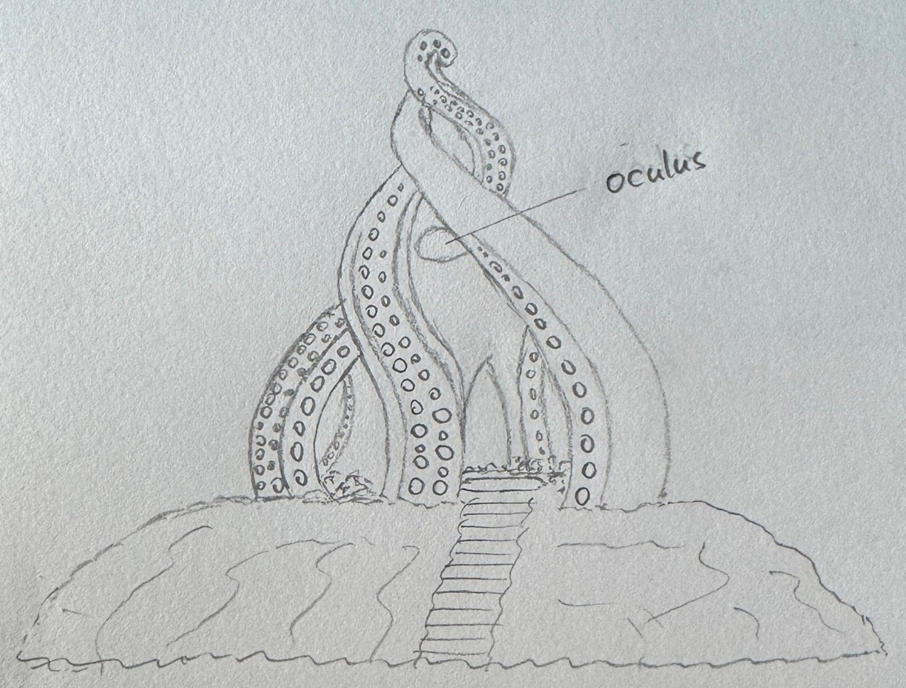 Hand sketch of the Tentacle Folly concept — four tentacle ribs rising from rocky island with oculus labeled at crown