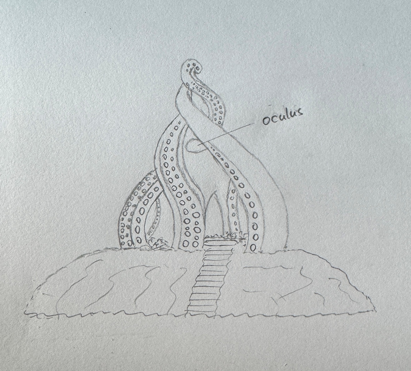Freehand pencil sketch of the Tentacle Folly exterior — four ribs, oculus labeled, entry stair