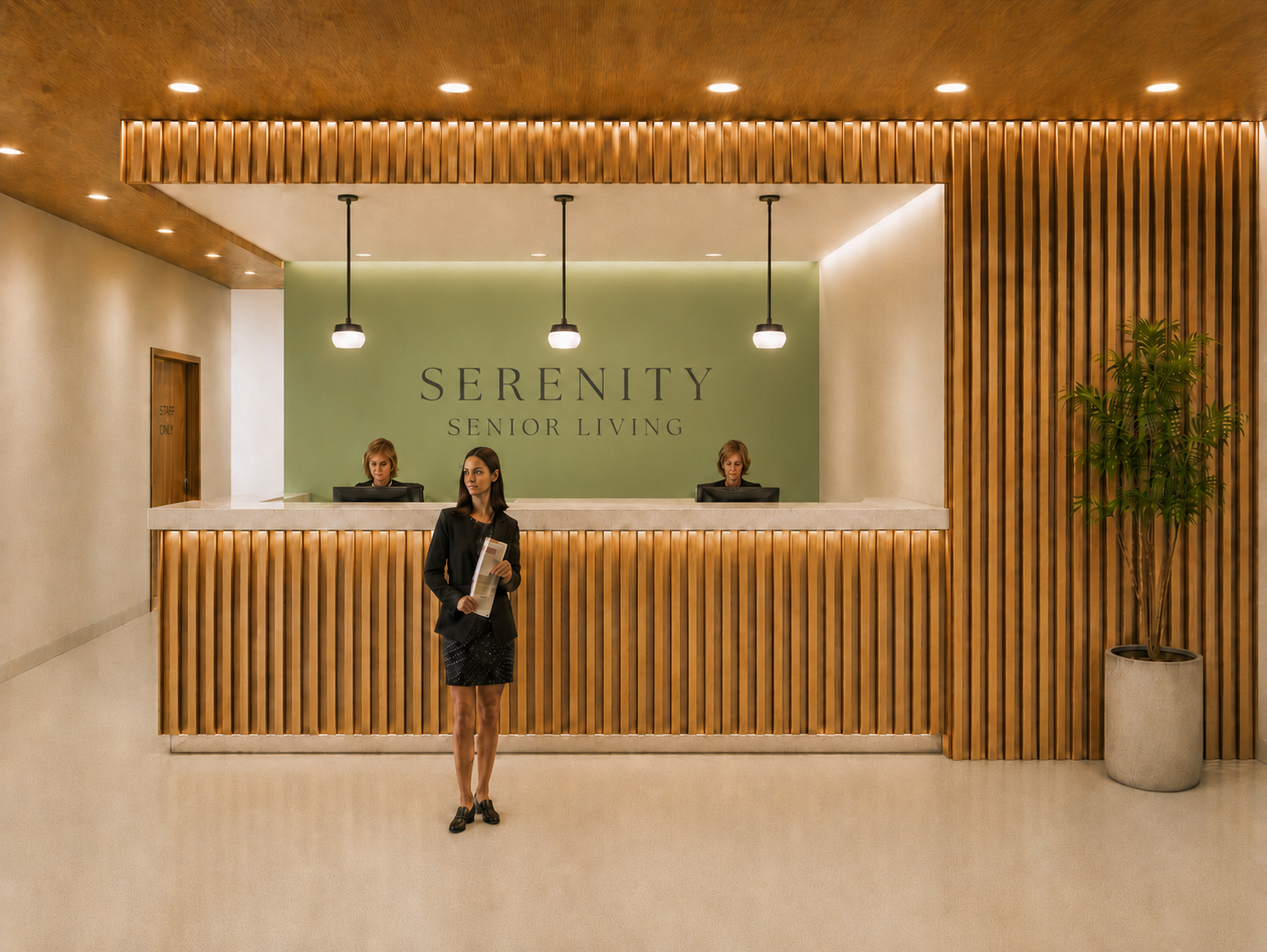 Serenity Senior Living presentation board showing concept, adjacency diagram, schematic floor plan, parti concept, and furnished floor plan