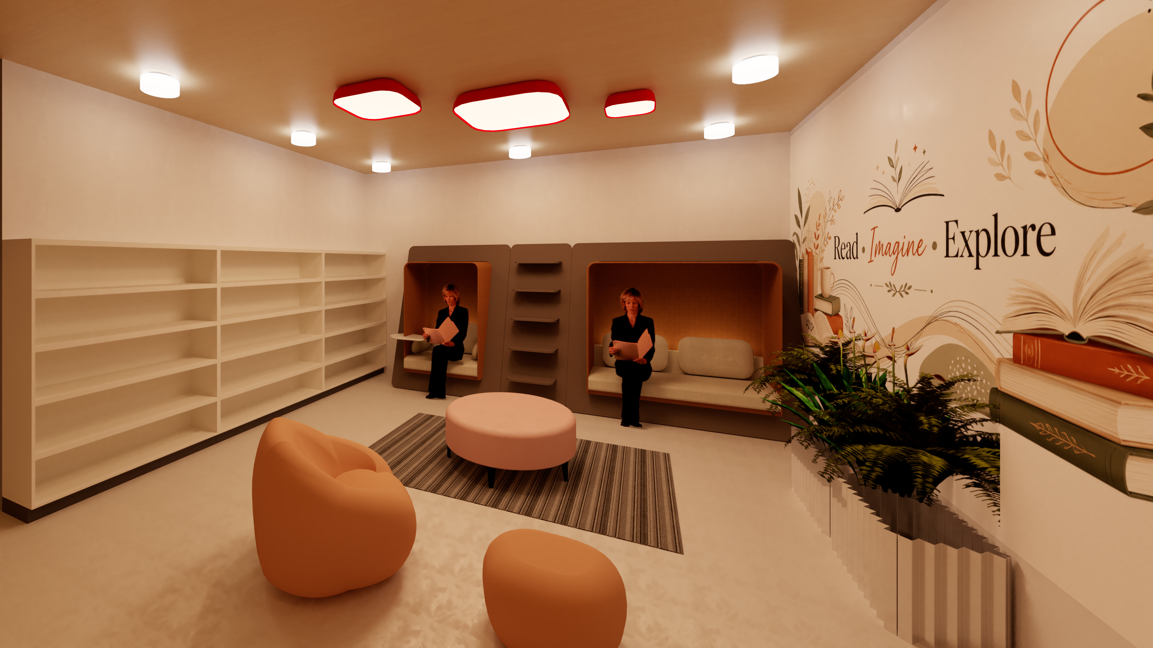 Serenity Senior Living library with reading nook pods, Read Imagine Explore wall mural, rounded furniture, and indoor plantings
