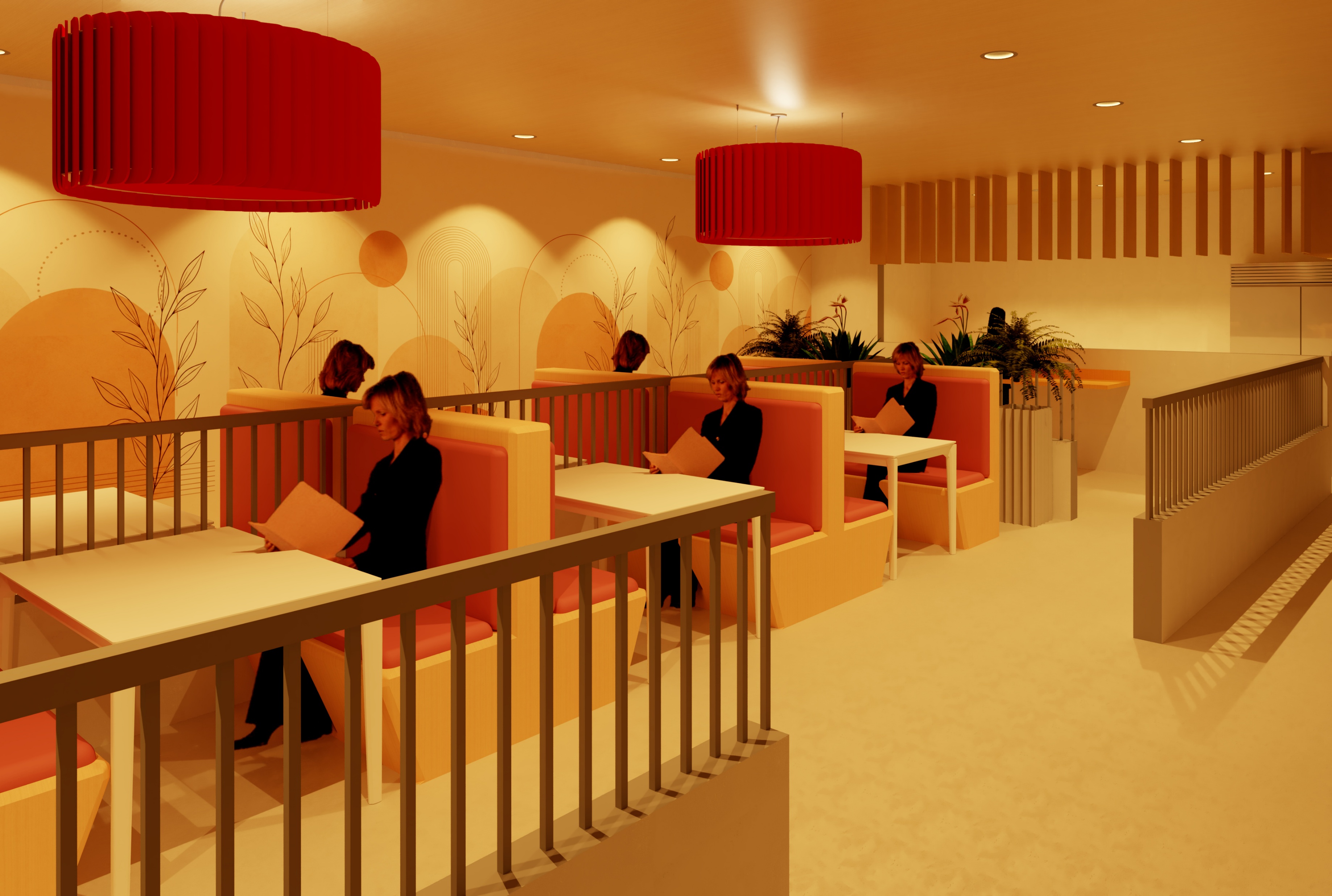 Serenity Senior Living dining room with coral booth seating, botanical wall mural, red pendant drum lights, and planter dividers