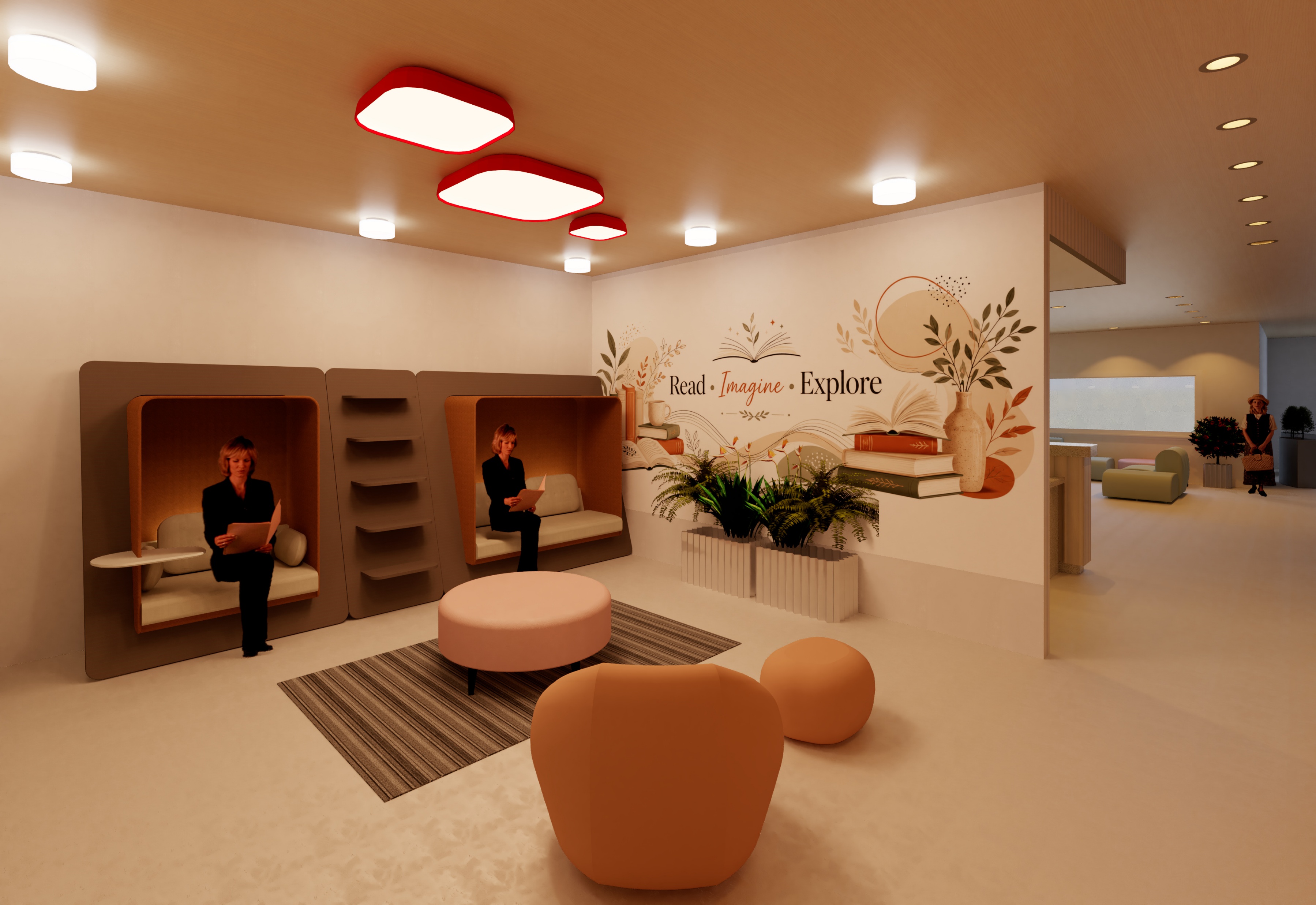 Serenity Senior Living library wider view showing reading nooks connecting to adjacent lobby space