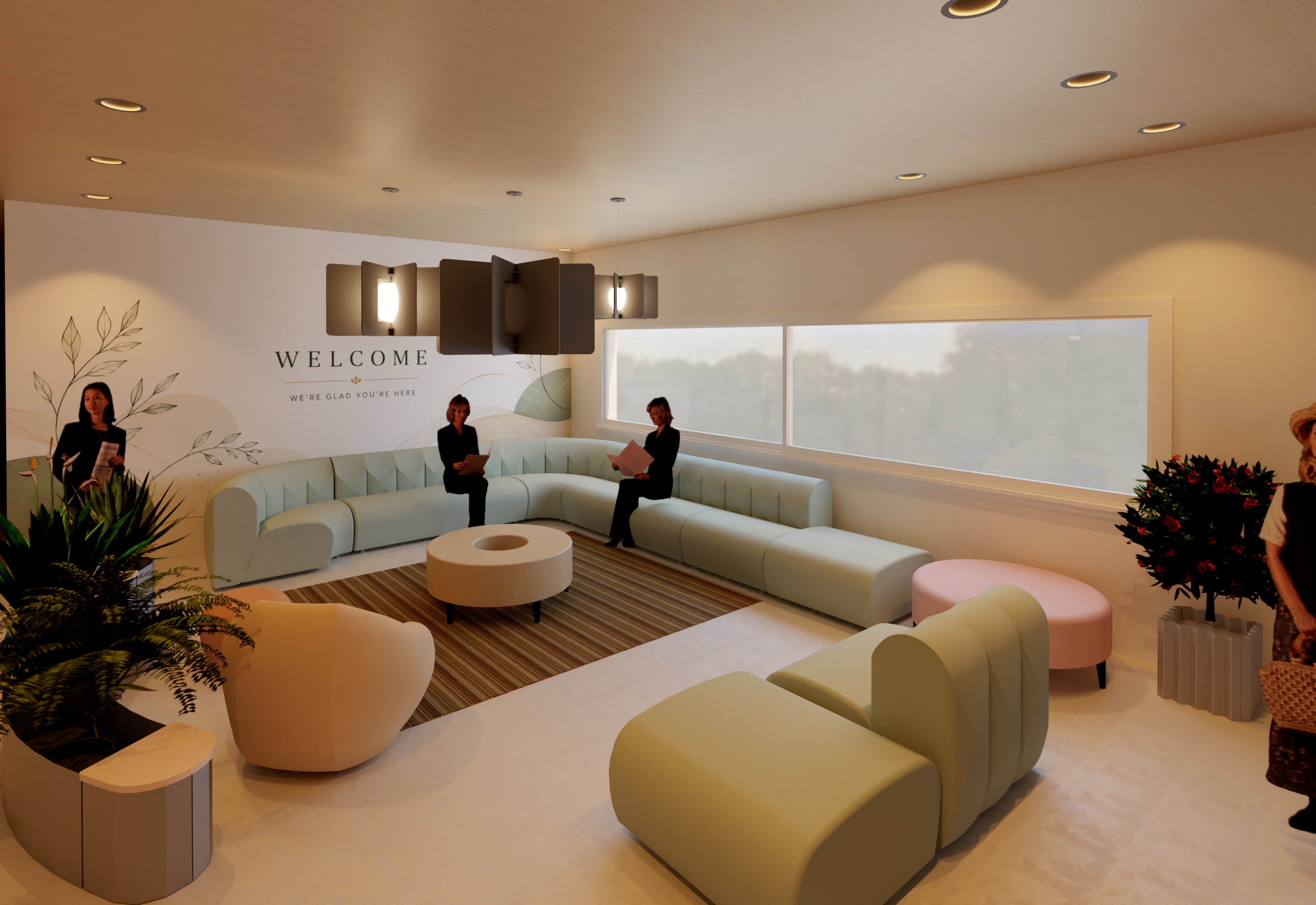 Serenity Senior Living lobby with curved seating and biophilic design